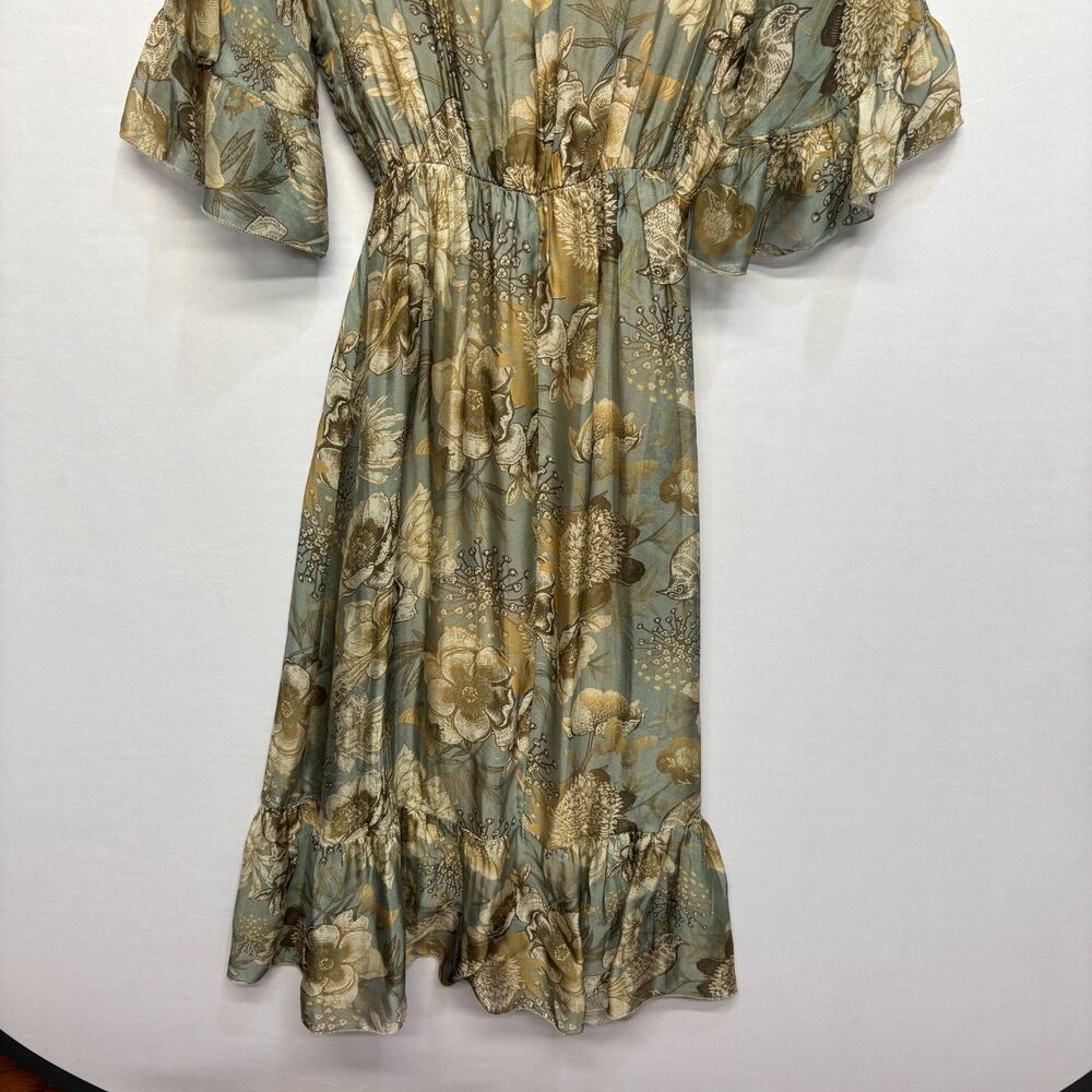 Women's Green Floral Midi Dress with Ruffle Sleeves - Picture 14 of 16
